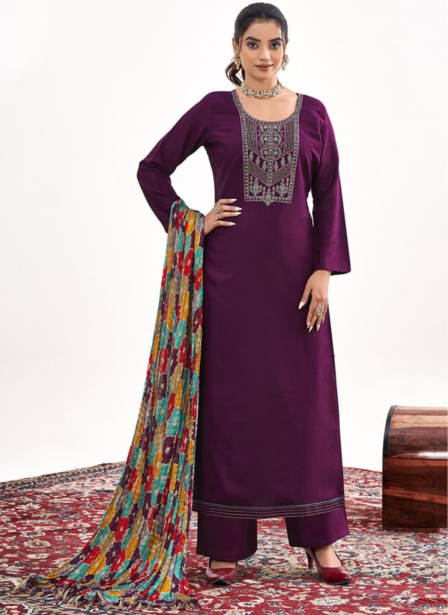 Rayon Wine Casual Wear Embroidery Work Palazzo Suit